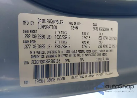 2005 Chrysler Pacifica Touring from USA, damaged, VIN 2C8GF68485R380160